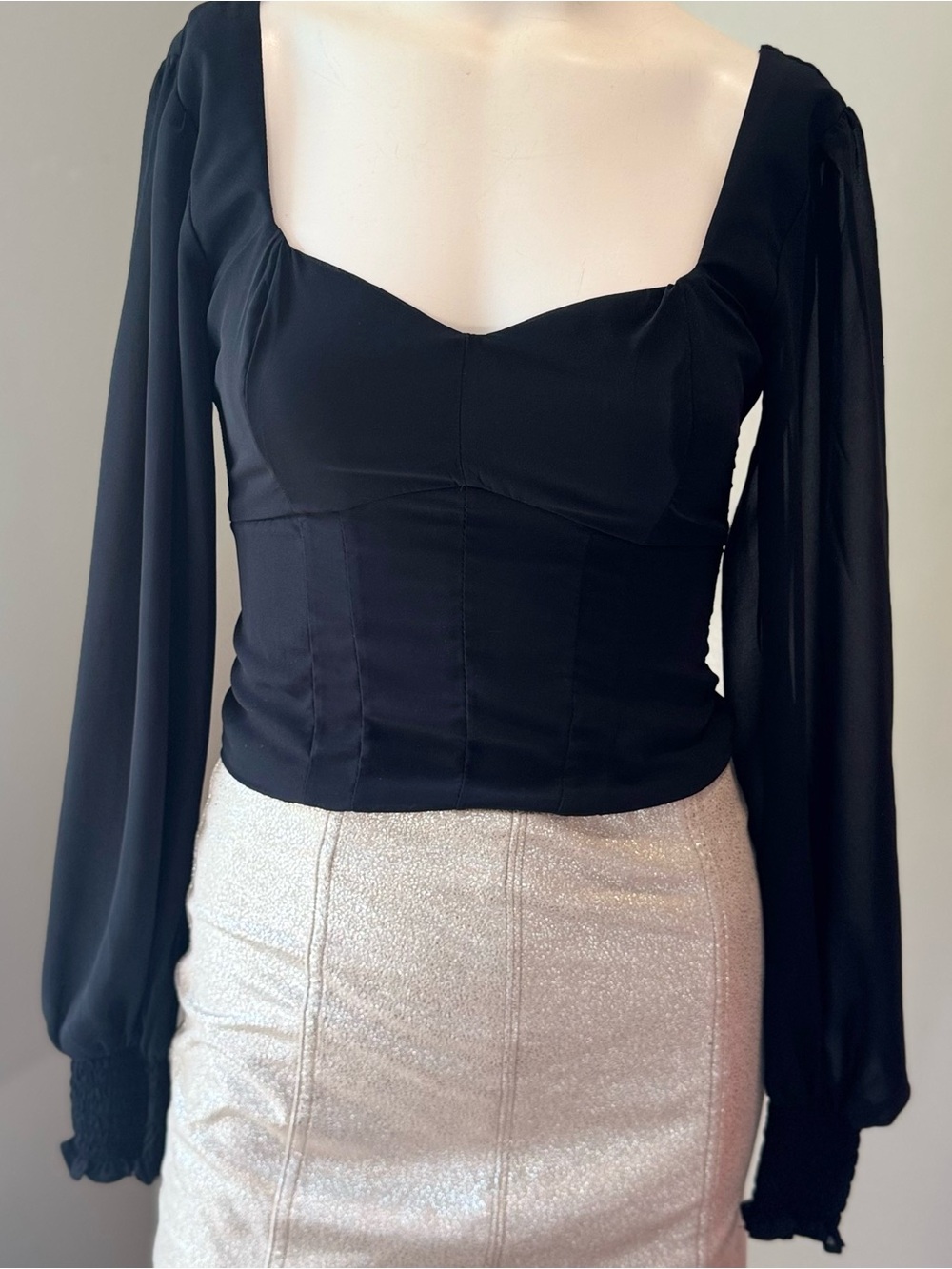 Abercrombie & Fitch Black Corset Crop Top Balloon Sleeve | XS